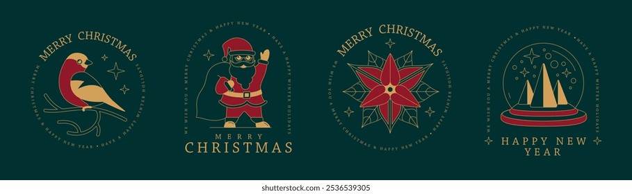 Set of modern Merry Christmas and Happy New Year line art logo, label or emblem design with Santa Claus, bird, snow globe and poinsettia. Vector illustration