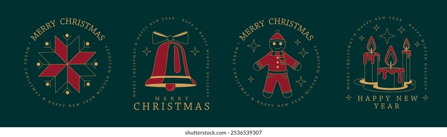 Conjunto de Navidades alegres modernas y feliz año Nuevo línea de diseño de logotipo de arte, etiqueta o emblema con copo de nieve, hombre de jengibre, velas encendidas y campana de jingle. Ilustración vectorial