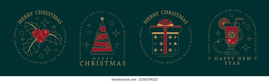 Set of modern Merry Christmas and Happy New Year line art logo, label or emblem design with Holly, Christmas tree, gift box and mulled wine. Vector illustration