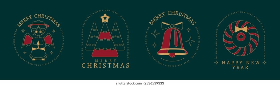 Set of modern Merry Christmas and Happy New Year line art logo, label or emblem design with angel, Christmas tree, wreath and jingle bell. Vector illustration