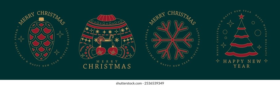 Set of modern Merry Christmas and Happy New Year line art logo, label or emblem design with pine cone, hot cup of tea, sweater, snowflake and Christmas tree. Vector illustration