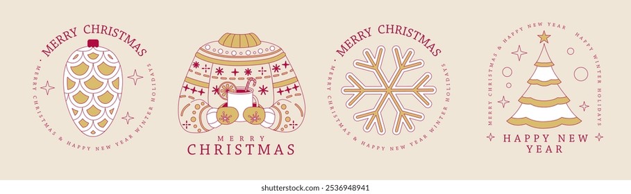 Set of modern Merry Christmas and Happy New Year line art logo, label or emblem design with pine cone, hot cup of tea, sweater, snowflake and Christmas tree. Vector illustration