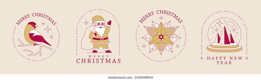 Set of modern Merry Christmas and Happy New Year line art logo, label or emblem design with Santa Claus, bird, snow globe and poinsettia. Vector illustration