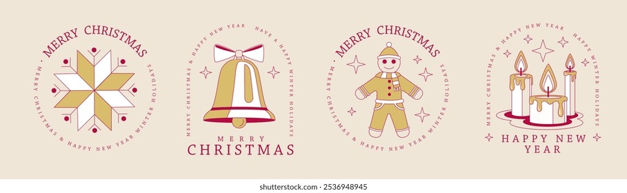 Conjunto de Navidades alegres modernas y feliz año Nuevo línea de diseño de logotipo de arte, etiqueta o emblema con copo de nieve, hombre de jengibre, velas encendidas y campana de jingle. Ilustración vectorial