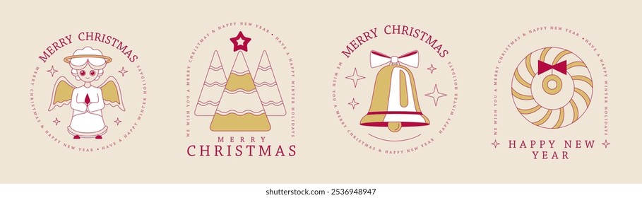 Modernes Merry Christmas und Happy New Year Line Art Logo, Label oder Emblem Design mit Engel, Weihnachtsbaum, Kranz und Jingle Glocke. Vektorgrafik