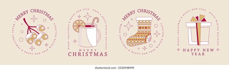 Set of modern Merry Christmas and Happy New Year line art logo, label or emblem design with berryes, hot cup of tea, gift box and Christmas stocking. Vector illustration