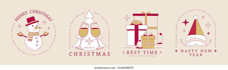 Set of modern Merry Christmas and Happy New Year line art logo, label or emblem design with snowman, Santa Claus, gift boxes and chapmagne glasses. Vector illustration