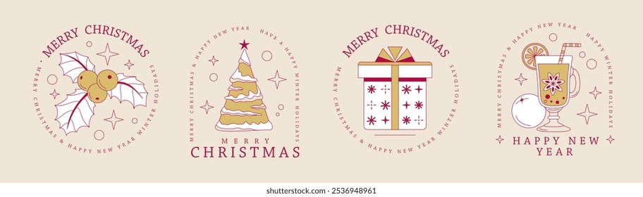 Set of modern Merry Christmas and Happy New Year line art logo, label or emblem design with Holly, Christmas tree, gift box and mulled wine. Vector illustration