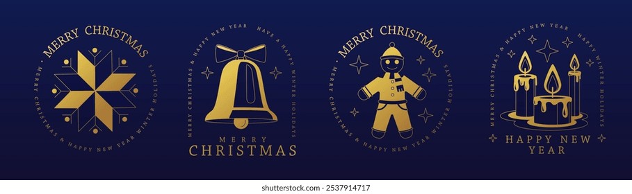 Set of modern Merry Christmas and Happy New Year line art logo, label or emblem design with snowflake, gingerbread man, burning candles and jingle bell. Vector illustration