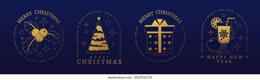 Set of modern Merry Christmas and Happy New Year line art logo, label or emblem design with Holly, Christmas tree, gift box and mulled wine. Vector illustration