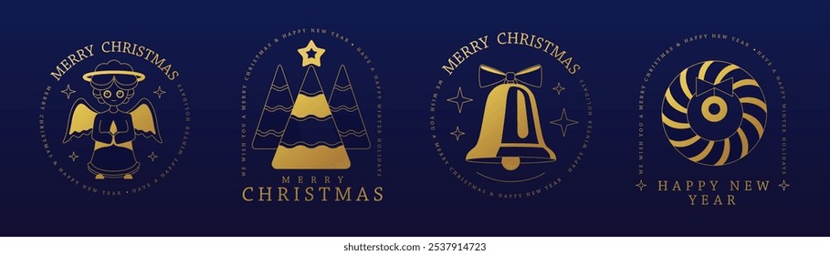 Set of modern Merry Christmas and Happy New Year line art logo, label or emblem design with angel, Christmas tree, wreath and jingle bell. Vector illustration