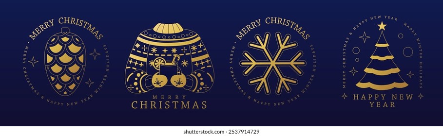 Set of modern Merry Christmas and Happy New Year line art logo, label or emblem design with pine cone, hot cup of tea, sweater, snowflake and Christmas tree. Vector illustration