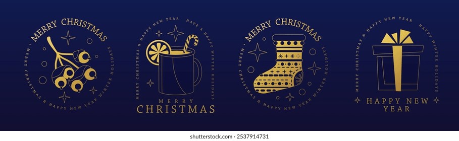 Set of modern Merry Christmas and Happy New Year line art logo, label or emblem design with berryes, hot cup of tea, gift box and Christmas stocking. Vector illustration