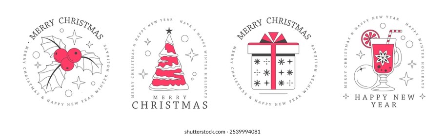 Set of modern Merry Christmas and Happy New Year line art logo, label or emblem design with Holly, Christmas tree, gift box and mulled wine. Vector illustration