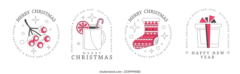 Set of modern Merry Christmas and Happy New Year line art logo, label or emblem design with berryes, hot cup of tea, gift box and Christmas stocking. Vector illustration