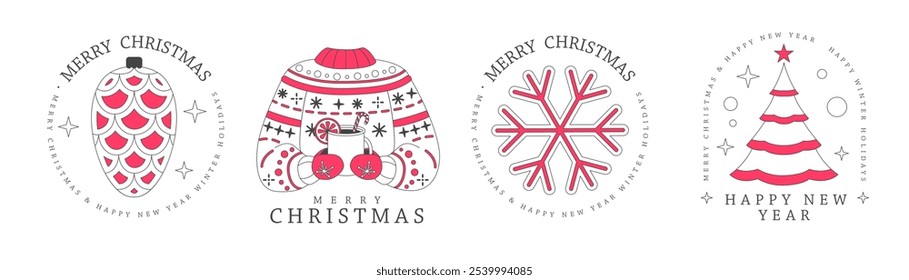 Set of modern Merry Christmas and Happy New Year line art logo, label or emblem design with pine cone, hot cup of tea, sweater, snowflake and Christmas tree. Vector illustration