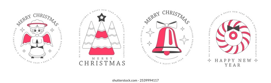 Set of modern Merry Christmas and Happy New Year line art logo, label or emblem design with angel, Christmas tree, wreath and jingle bell. Vector illustration