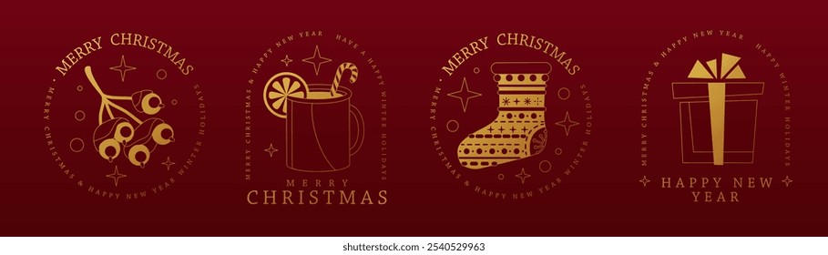 Conjunto de Navidades alegres modernas y feliz año Nuevo línea de diseño de logotipo de arte, etiqueta o emblema con berryes, taza de té caliente, caja de regalo y Navidades medias. Ilustración vectorial