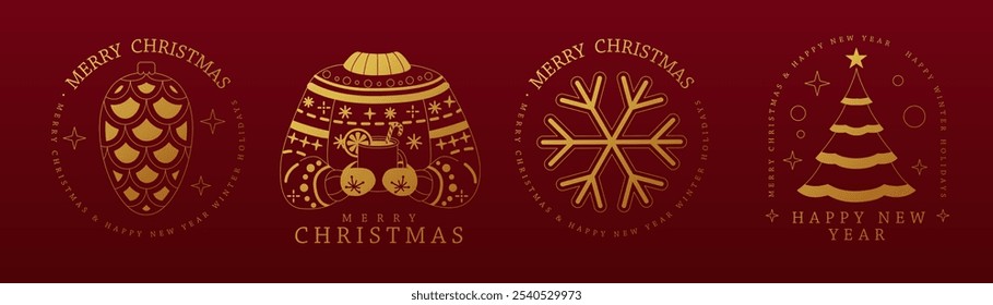 Set of modern Merry Christmas and Happy New Year line art logo, label or emblem design with pine cone, hot cup of tea, sweater, snowflake and Christmas tree. Vector illustration