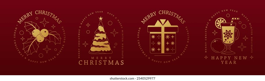 Conjunto de Navidades alegres modernas y feliz año Nuevo línea de arte logotipo, etiqueta o diseño de emblema con Holly, árbol de Navidad, caja de regalo y vino caliente. Ilustración vectorial