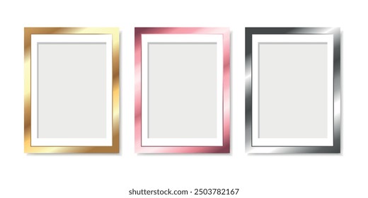 Set of modern metallic colored picture frames isolated on white background. Golden, pink and silver frame borders for poster, painting, photo. Vector illustration