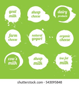 Set of modern milk logo for dairy products, groceries, agriculture stores, packaging and advertising. Cow and goat milk, sheep cheese, yogurt. Abstract ink splashes. Hand drawn vector illustration.