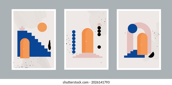 Set of modern minimal abstract aesthetic background with desert landscape, stairs, leaf, vases, sun and earth tones. bohemian style wall decor for wall decoration, postcard, banner or brochure cover.
