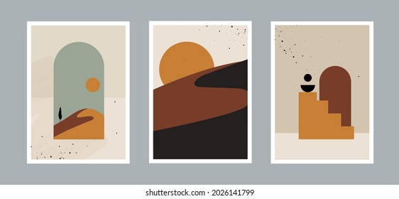 Set of modern minimal abstract aesthetic background with desert landscape, stairs, leaf, vases, sun and earth tones. bohemian style wall decor for wall decoration, postcard, banner or brochure cover.
