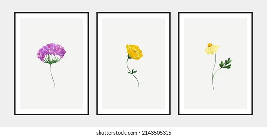 Set of modern minimal posters with hand painted watercolor wildflowers.