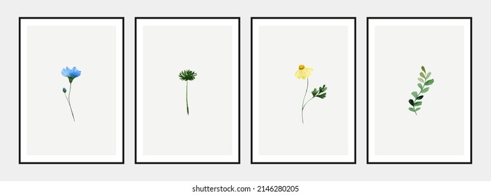 Set of modern minimal posters with hand painted watercolor wildflowers.