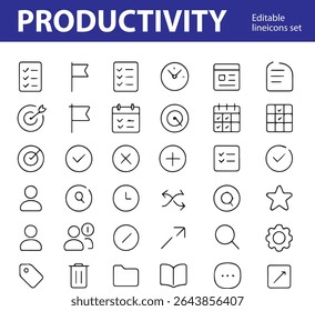 A set of modern minimal productivity line icons, including calendar, checklist, task list, alarm clock, focus, gear, and planner. Ideal for task apps, time management, digital planning, and UI design.