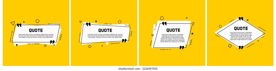 Set of modern minimal shapes. Quote and text frames on yellow background. Fluid vector trendy elements. Template graphics with geometric speech bubbles and banners with frames to put your own text.