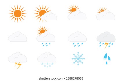 Set of Modern minimal weather forecast season climate icons. Summer, Rainy, Winter and snow or clouds with thunderstorm icons Vector illustration graphic