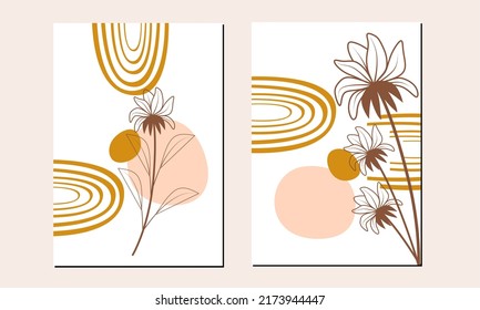 Set of modern minimalist abstract aesthetic illustrations wall art. Bohemian wall decor. Collection of contemporary artistic poster. Flowers wall decor. Botanical flower wall decorations.