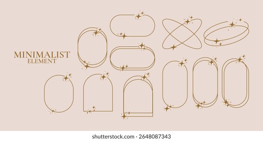 Set modern minimalist aesthetic line elements, trendy frames with stars, geometric forms. Arch frame with sparkles for social media or poster design, simple decorative boho style border vector set