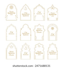 Set of Modern Minimalist Aesthetic linear frames for ramadan kareem greeting card collection, islamic border frame. trendy linear frames with stars, arch frames, geometric forms boho style.