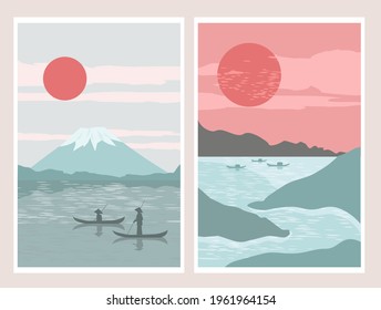 Set modern minimalist art abstraction poster. Mount Fuji sunrise landscape Japan panorama, fishermen in boats, lake. The concept of nature, travel, and oriental color. Vector graphics.