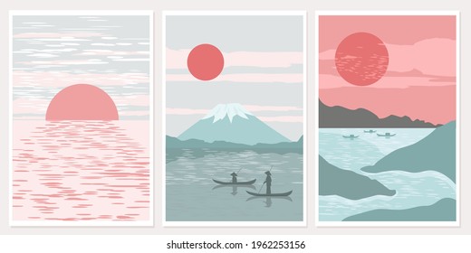 Set modern minimalist art abstraction poster. Mount Fuji sunrise landscape Japan panorama, fishermen in boats, lake. The concept of nature, travel, and oriental color. Vector graphics.
