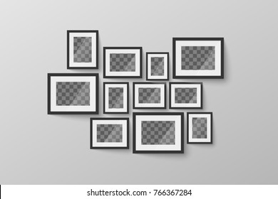 Set of modern minimalist black blank picture frame with transparent place for photo on gray wall