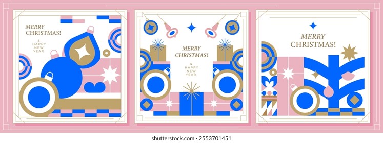 A set of modern minimalist Christmas cards. Elegant design with abstract geometric elements, Christmas decorations and gifts creates a festive mood. Ideal for greetings, invitations and advertising