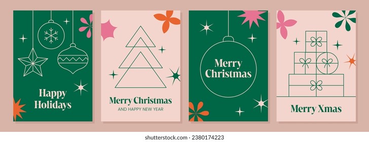 Set of modern minimalist Christmas posters with abstract geometric shapes. Xmas holiday covers. Vector illustration