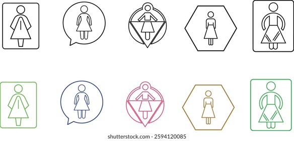 A set of modern and minimalist female icons in different geometric frames, representing gender symbols, restroom signs, and abstract designs. Ideal for vector graphics, identity concepts, and signage.