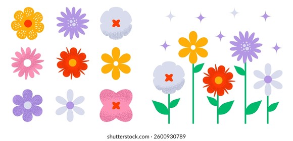 Set of modern minimalist flowers. Simple geometric shapes decorated with texture. Vector elements for design of spring and summer banners, cards, posters, invitations.