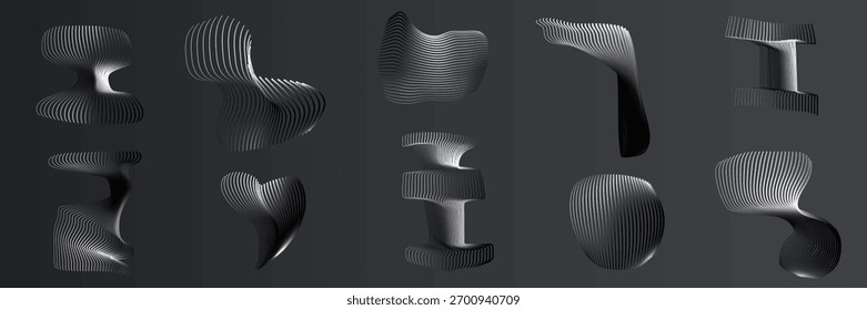 Set moderner minimalistischer Fluidmuster in Blau. Abstrakte, glatte 3D-Linien. Minimalistisch modernes geometrisches Design mit welligen, bandförmigen Formen. Dynamische Elemente mit futuristischer, sanfter Bewegung. Mesh.