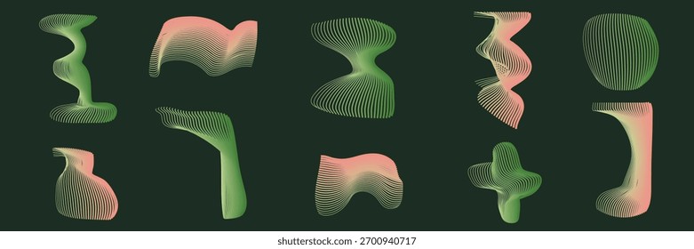 Set of modern minimalist geometric patterns in green and pink. Abstract smooth 3D lines. Minimalist modern geometric design with wavy, ribbon-like shapes.