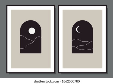 Set of modern minimalist landscape abstract trendy posters. Mountains sun and moon wall art collage