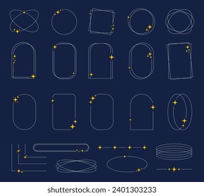 Set of modern minimalist linear frames with stars. Trendy aesthetic line elements with sparkles. Starry frames. Decorative boho style frames set. Vector illustration.