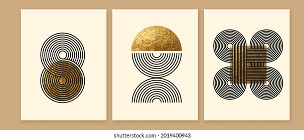 Set Of Modern Minimalist Mid Century Style Abstract Backgrounds. Wall Art Prints Design. Simple Geometric Shapes. Boho Line Arch, Textured Circle, Sun, Moon, Rainbow. Golden Hand Painted Texture.