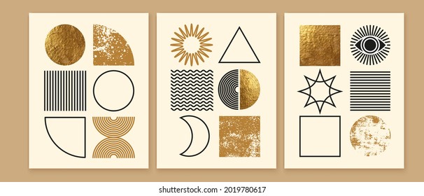 Set of modern minimalist mid century  abstract backgrounds. Wall art prints design. Simple geometric shapes. Boho line arch, golden textured circle, sun, moon, rainbow. Collage style.