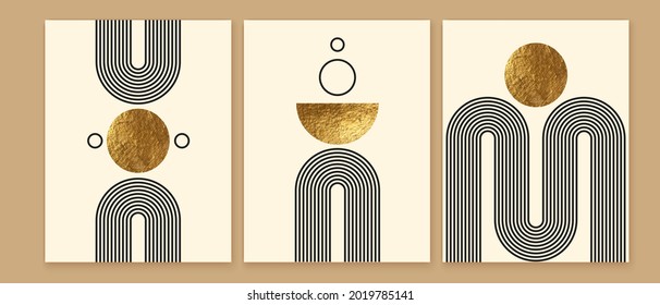 Set of modern minimalist mid century style abstract backgrounds. Wall art prints design. Simple geometric shapes. Boho line arch, golden textured circle, sun, moon, rainbow. Balance composition.